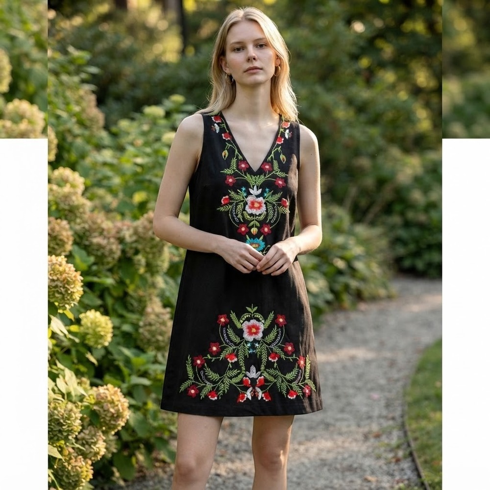 Altar'd State Womens Black Floral Embroidered V-Neck Mini Shift Dress Size M